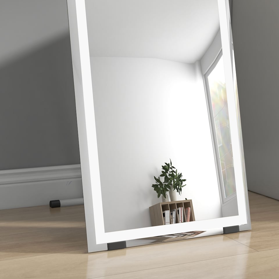 image 1 of HOMCOM Full Length Mirror with LED Lights, 15040cm Floor Mirror, Free Standing, Wall Mounted or Leaning, Full Size Body Mirror with Dimmable and 3 Colour Lighting for Bedroom, 33W, White
