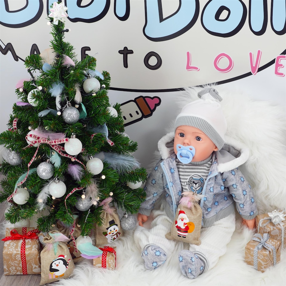 image 1 of BiBi Doll 20" Navy Baby Doll Boy with Grey Jacket, Extra Outfit, Sounds & Dummy Toy