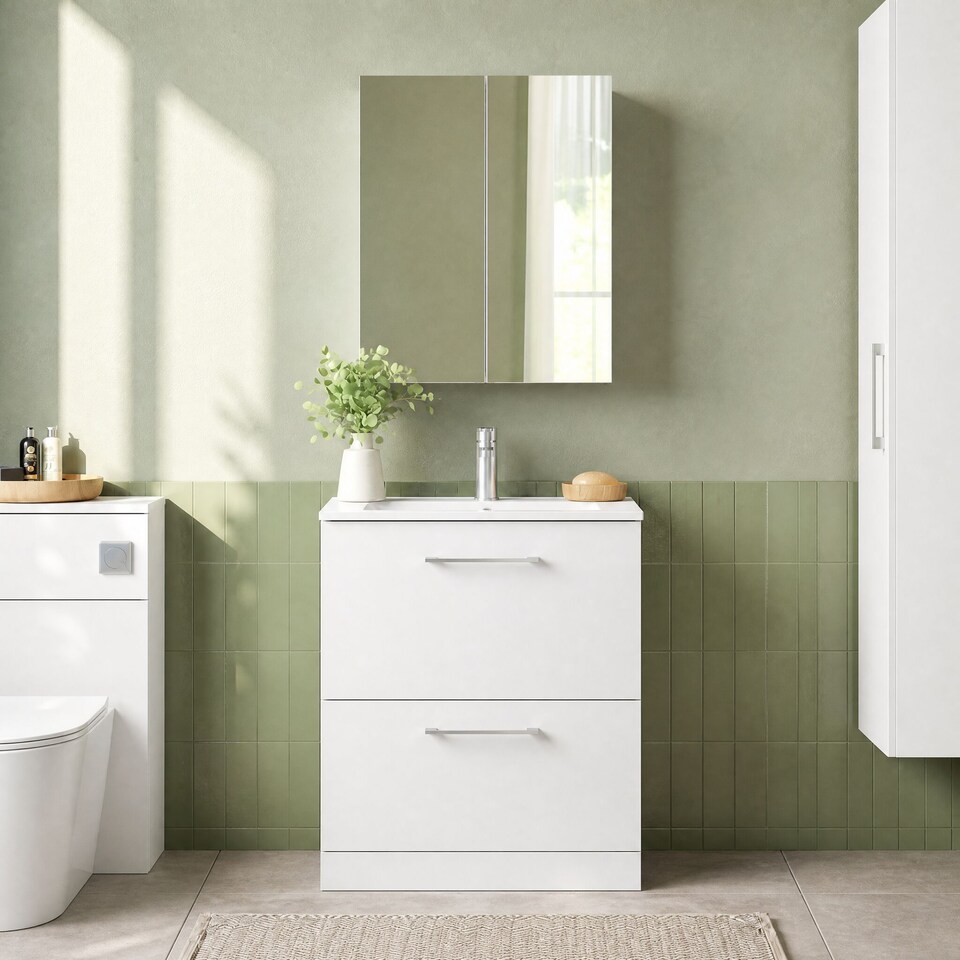 image 1 of Balterley Modern Bathroom 2 Soft Close Drawer & Minimalist Floor Standing Vanity Unit Basin | White | Gloss White | 818 x 600 x 390mm