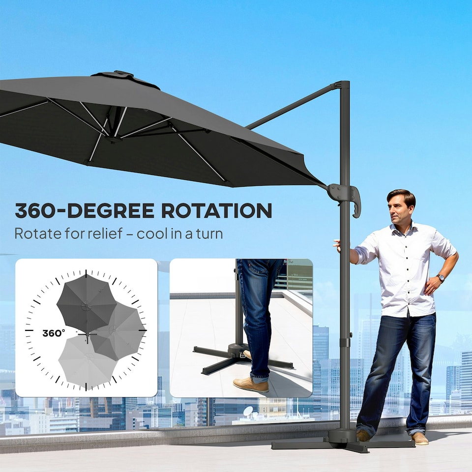 image 1 of Outsunny 3(m) Solar LED Cantilever Parasol Adjustable Garden Umbrella Dark Grey