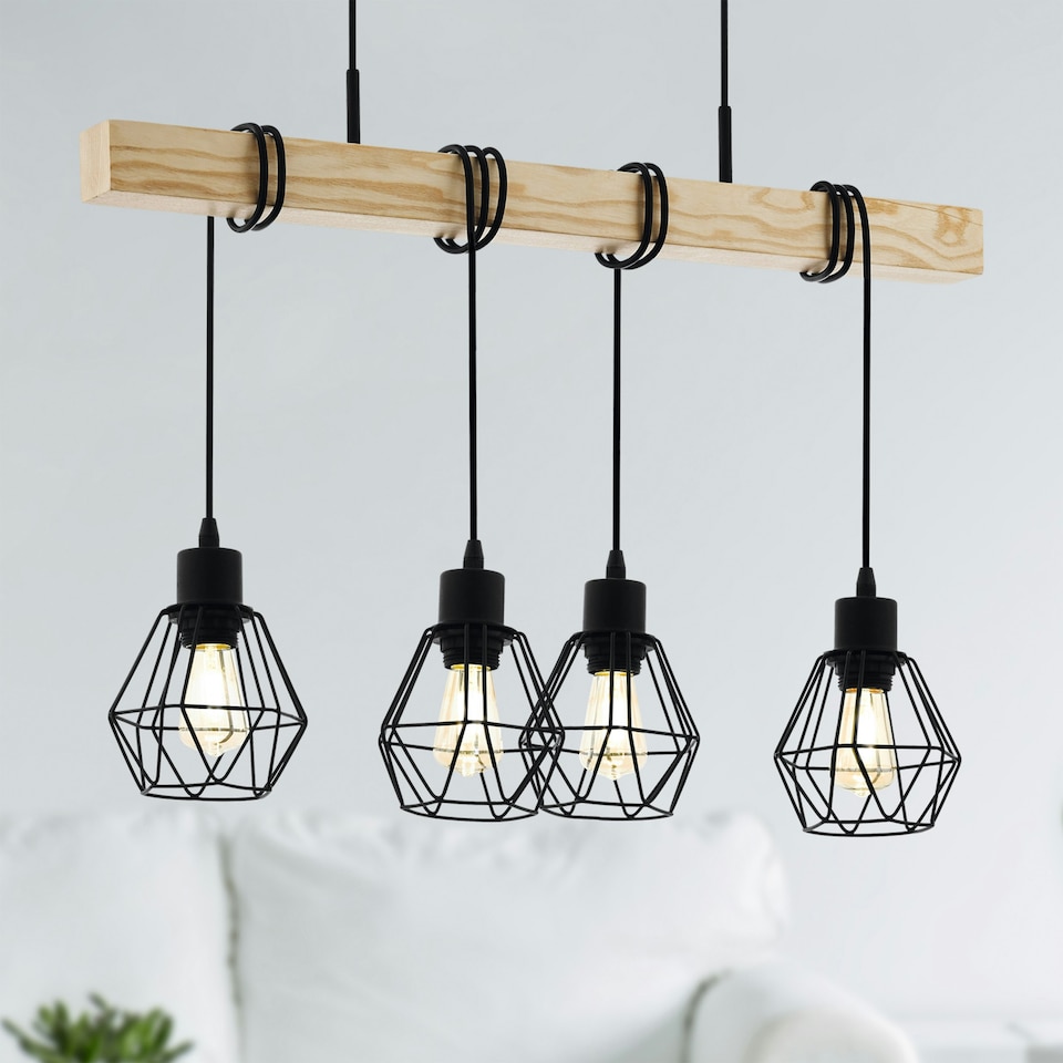 image 1 of EGLO Townshend 5 Industrial Black Metal and Natural Wood 4-Light Geometric Pendant (L) 70cm