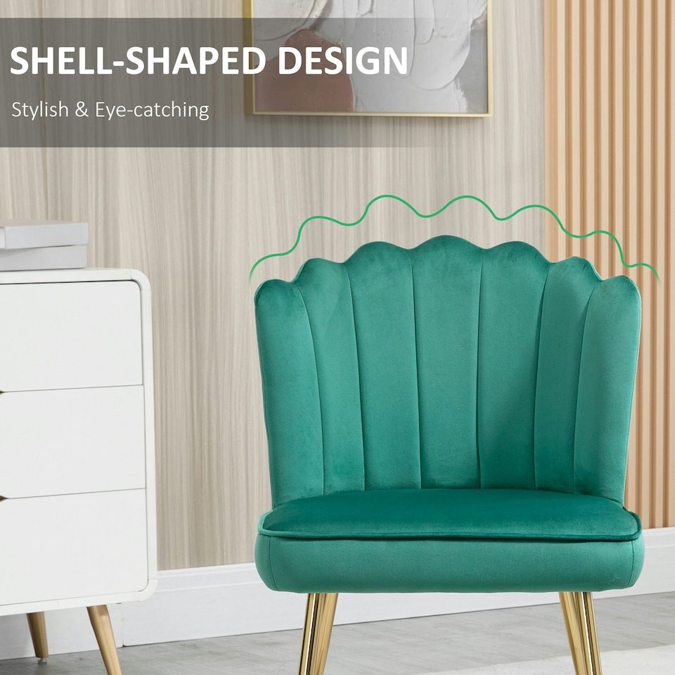 image 1 of HOMCOM Velvet-Feel Shell Accent Chair Home Bedroom Lounge Metal Legs Green
