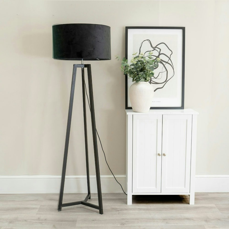 image 1 of ValueLights Lottie Black Wood Tripod Floor Lamp with Black Velvet Drum Shade | Black