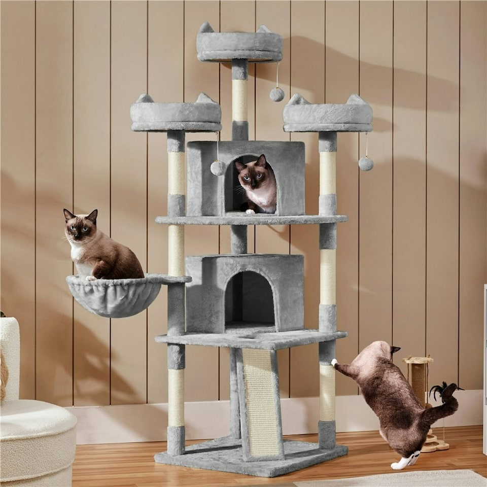 image 1 of Yaheetech 175 cm Plush Cat Tower with Condos Light Grey