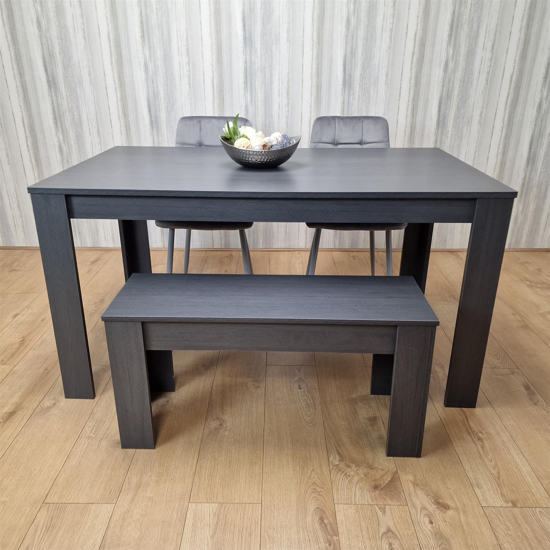 Dining Set Wooden Table with Bench and 2 Dark Grey Velvet Chairs