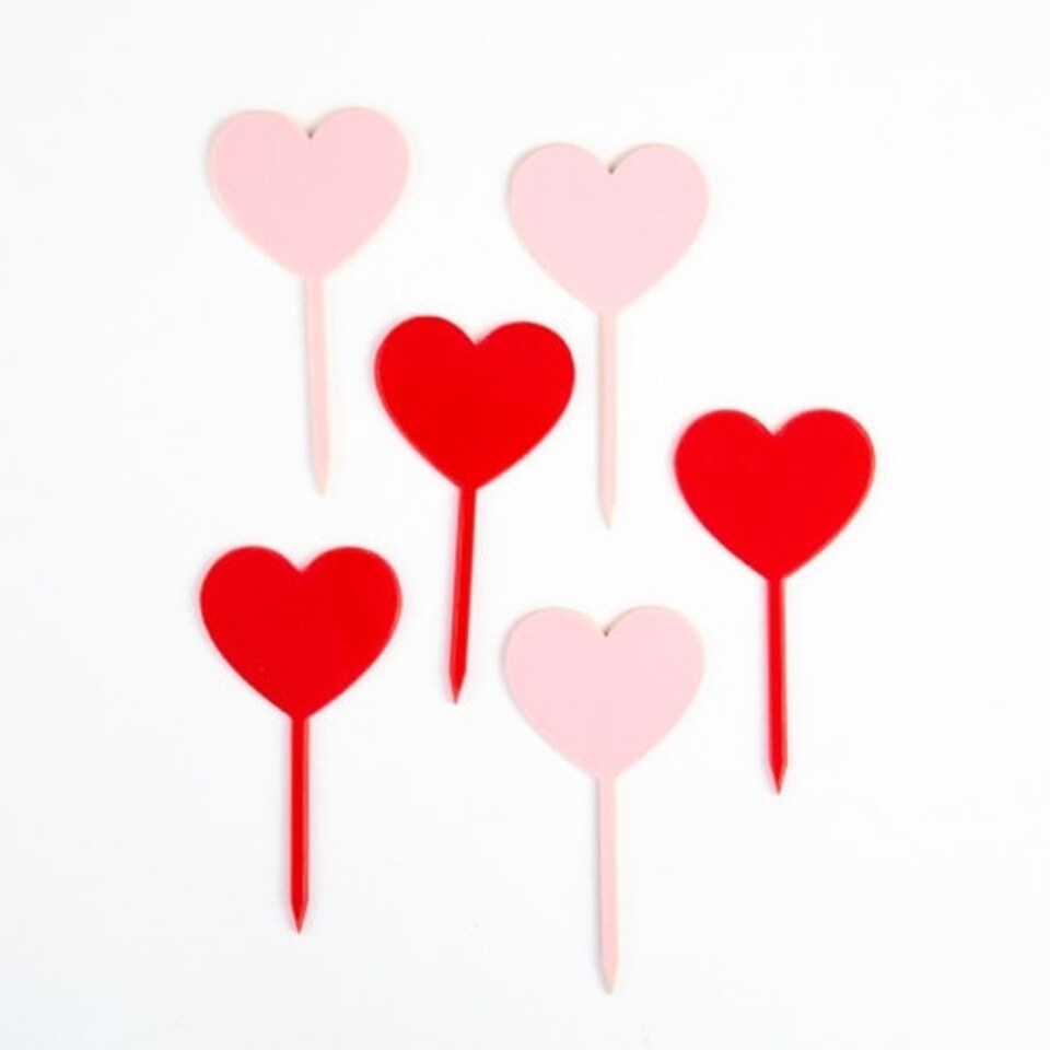 image 1 of Pink & Red Heart Pick Acrylic Cake Toppers - Pack of 6