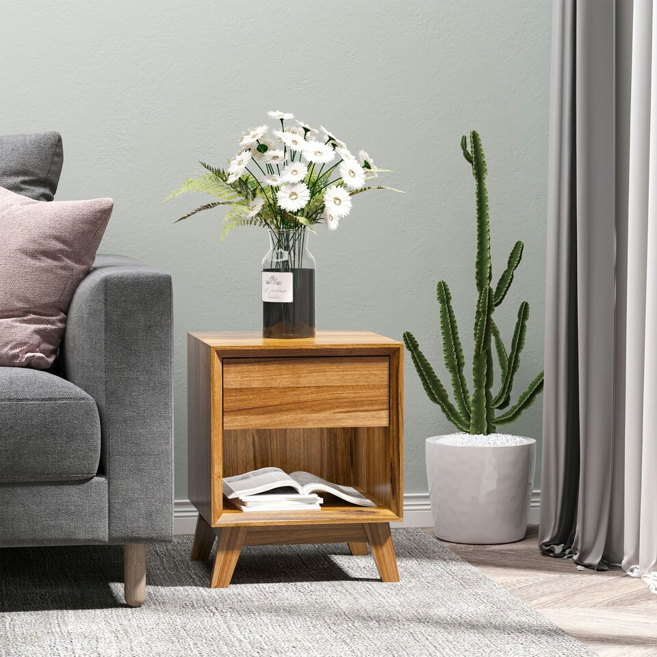 image 1 of HOMCOM Bedside Table Storage Organizer Side Table with Drawer and Shelf Bedroom