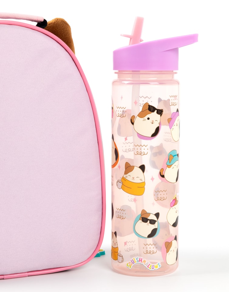 image 1 of Squishmallows Girls Lunch Bag Set | Kids 3 Piece Bundle with Fluffy Dinner Bag, Water Bottle & Snack Pot | Childrens Plush Cam the Cat Zip Bag with 3D Ears in Pink & Purple | Back to School Gifts
