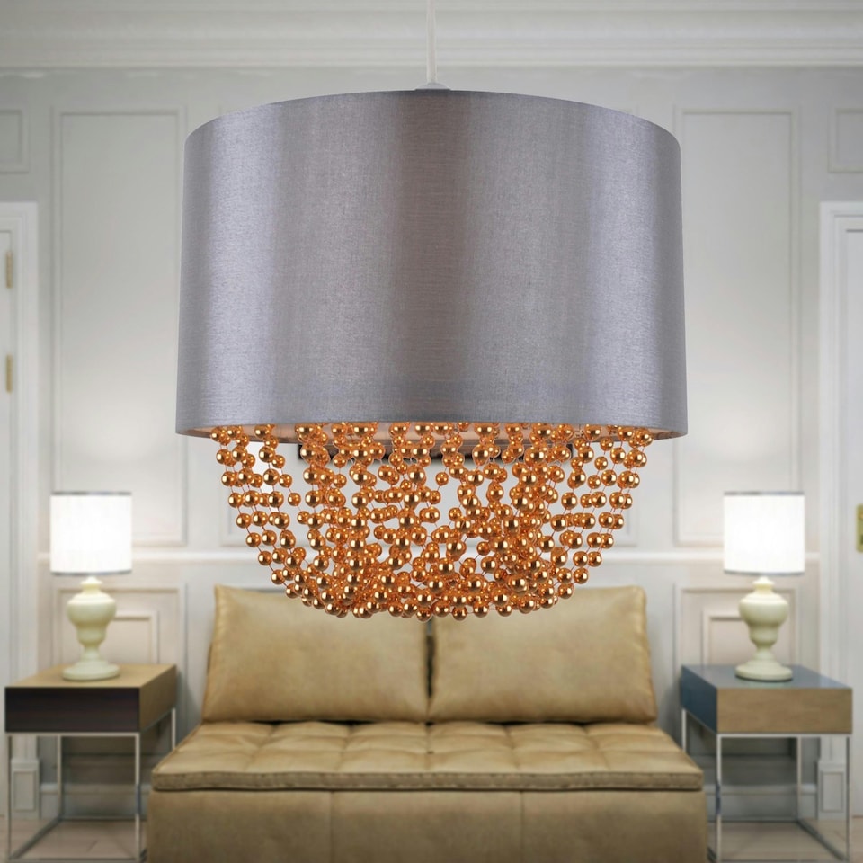 image 1 of First Choice Lighting Grey Faux Silk & Copper Jewelled Ceiling Light Shade Grey | Copper