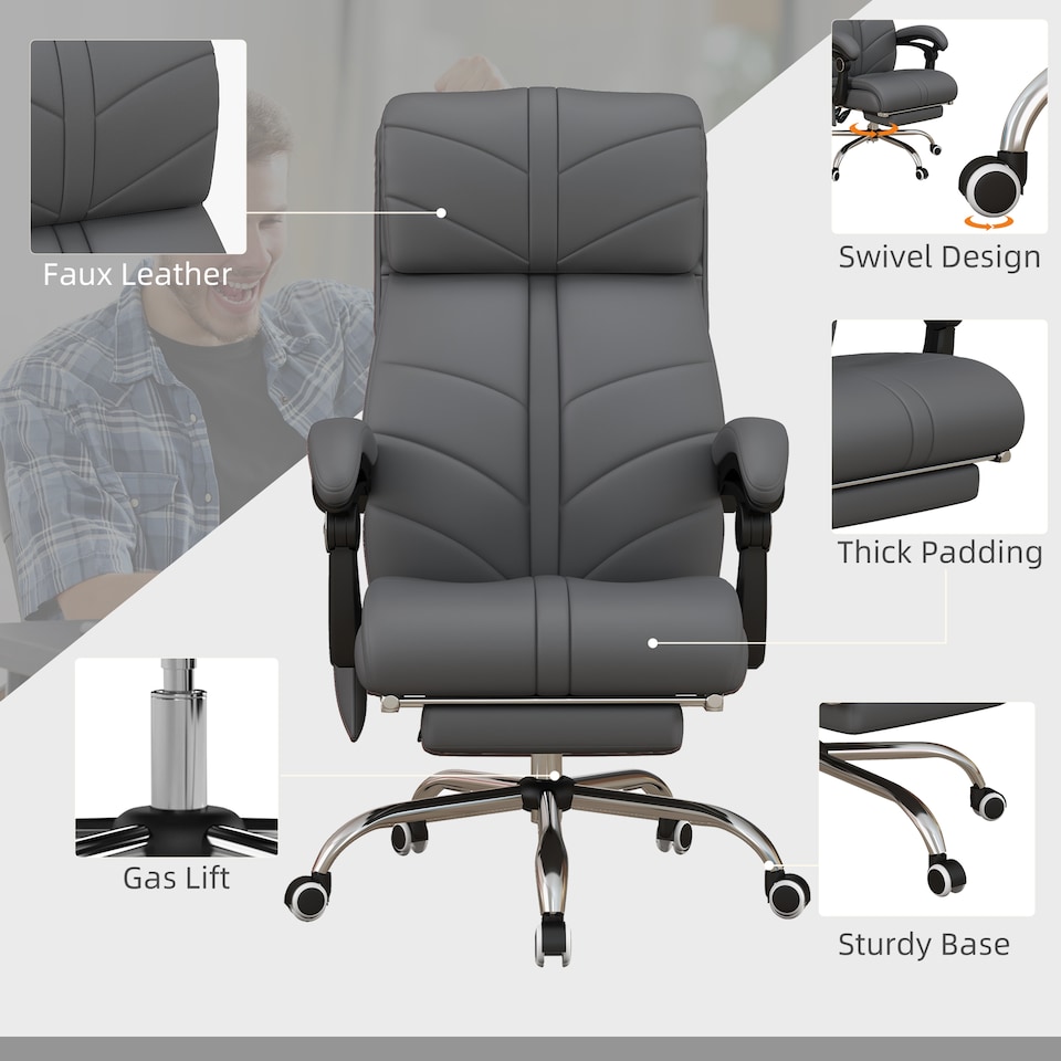 image 1 of Vinsetto High Back Vibration Massage Office Chair, Heated Reclining PU Leather Computer Chair with Footrest, Grey