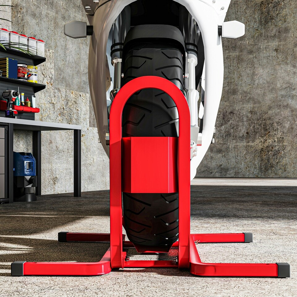 image 1 of HOMCOM Adjustable Motorcycle Wheel Chock Motorbike Holder with Metal Frame Red