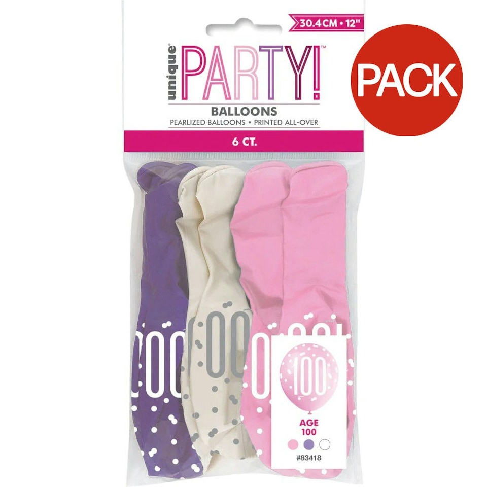 image 1 of Unique Party Age 100 Glitz Latex Balloons (Pack Of 30) - Pink/Purple/White - One Size