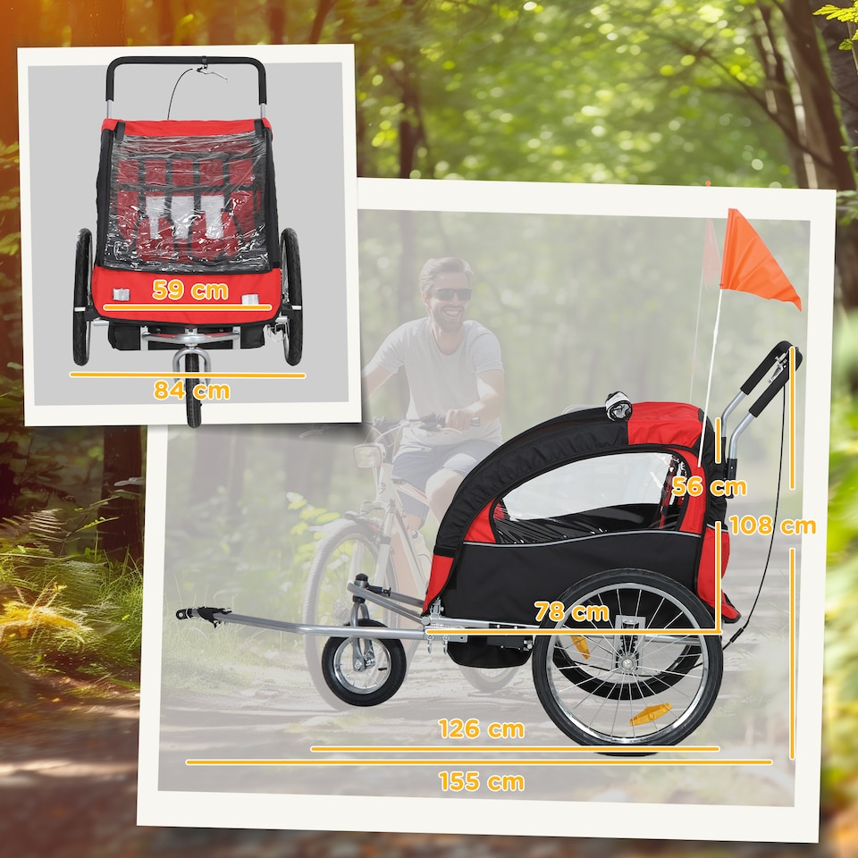 image 1 of HOMCOM 2 Seat Bike Trailer with 5 Point Harness, for 18+ Months, Red | Red | Red