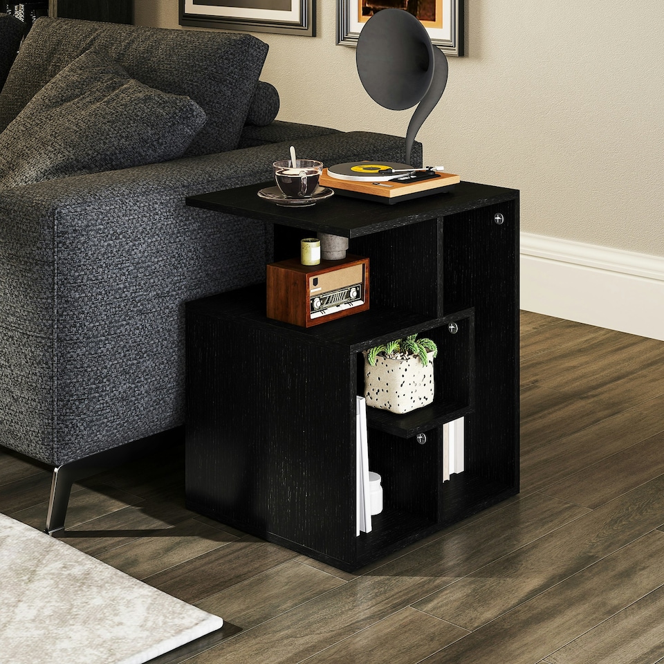 image 1 of HOMCOM 3-Tier Side End Table Open Shelves Storage Magazine Desk Black Black