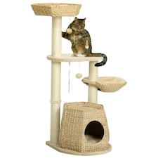 PawHut Cat Tree Tower with Cattail Bed, Sisal Post, 119cm, Natural Tone