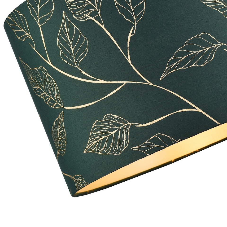 image 1 of Modern Forest Green Cotton Fabric Drum Lamp Shade with Gold Foil Floral Design | Green