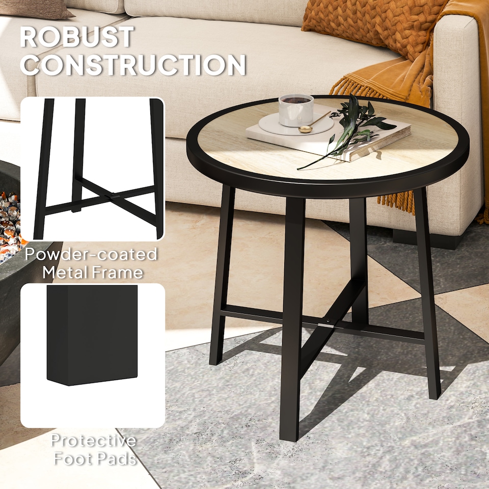 image 1 of Outsunny Round Small Garden Table, 50.5cm Outdoor Side Table with SPC Tabletop, Metal Frame and Anti-slip Foot Pads for Garden, Balcony, Nature Wood Finish | Multi | Natural wood finish