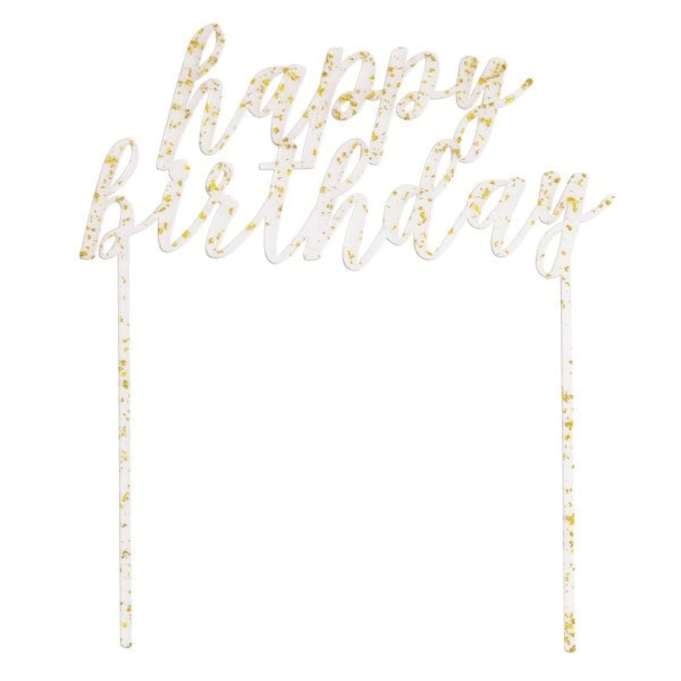 image 1 of Happy Birthday Clear with Gold Foil Flecks Acrylic Cake Topper