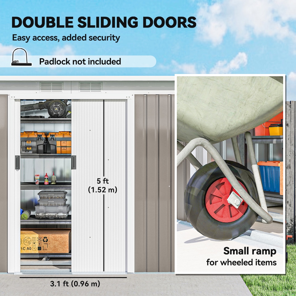 image 1 of Outsunny 9ft x 4ft Metal Garden Shed, Outdoor Tool House with Foundation Kit, Ventilations and Double Doors, Light Grey