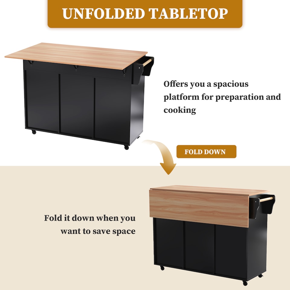 image 1 of VILUXE Mobile Kitchen Island with Foldable Worktop, 2 Drawers, Adjustable Shelves, Towel Rail, Wheels and Solid Wood Feet, Black and Natural