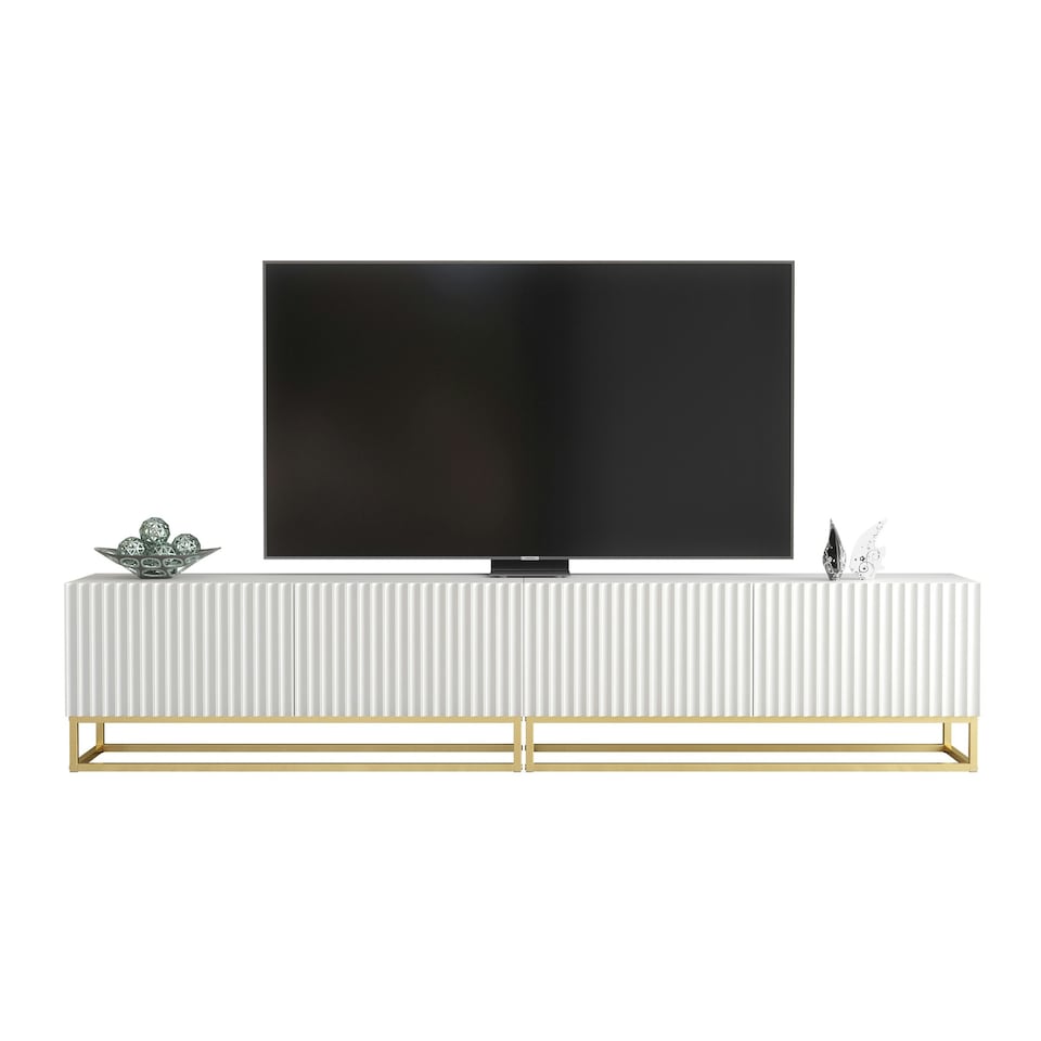 image 1 of Modular TV Unit 200cm White Matt with Fluted Fronts and Gold Base White