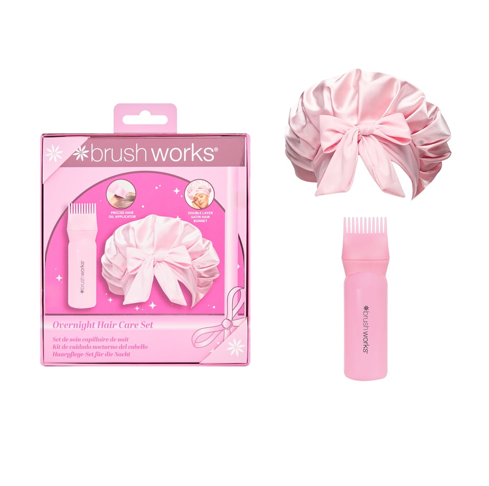 image 1 of Brushworks Overnight Hair Care Set - Oil Applicator and Double-Layer Satin Bonnet, Pink