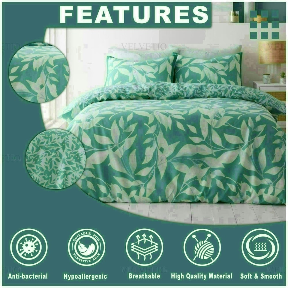 image 1 of Canyon Leaf Printed Duvet Cover Set Reversible Polycotton Beddings Green | Single
