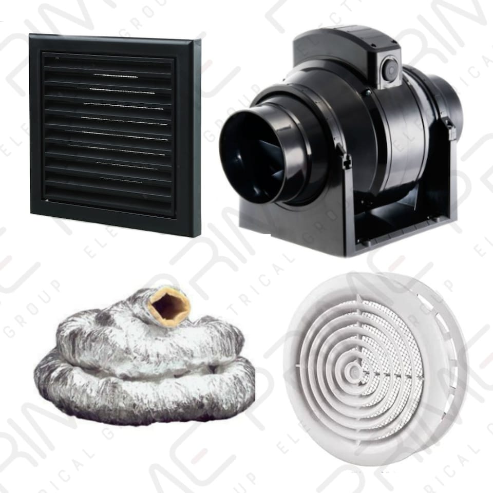Manrose MF100T In-Line Timer Fan 100mm/4"+ 3m Insulated Duct and White Internal Grille and Black External Grille