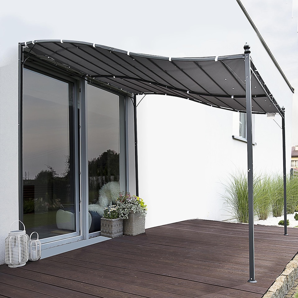 image 1 of Outsunny 3 x 3m Pergola Gazebo Metal Frame Elegant Scrolling WeatherResistant Canopy Sun Rain Shade Garden Outdoor Shelter, Grey