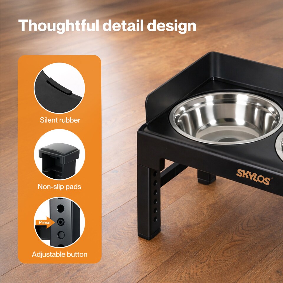 image 1 of Skylos Elevated Pet Feeder Double Raised Dog Bowls 6 Height Food Water Feeding | Black | Black
