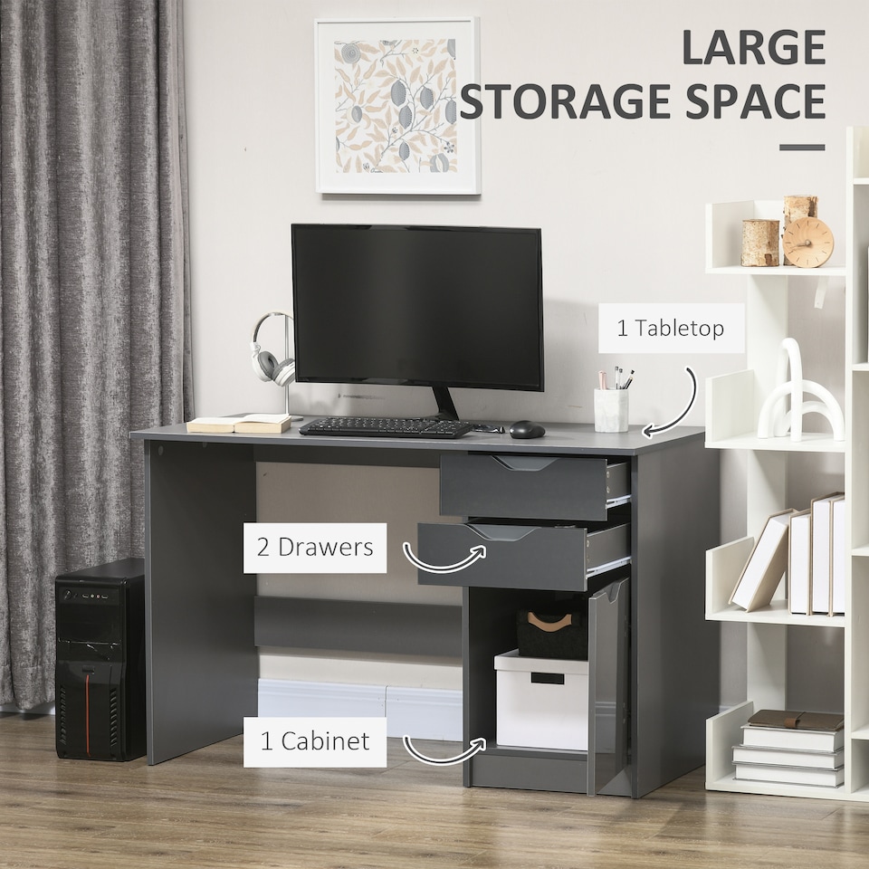 image 1 of HOMCOM Computer Desk with Drawers, High Gloss Home Office Desk with Storage Cabinet, Study Workstation, 120 x 60cm, Grey