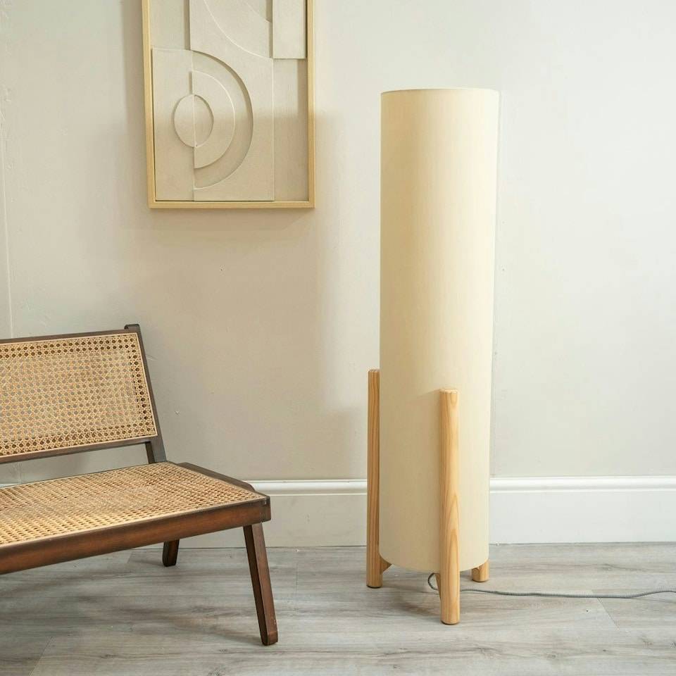 image 1 of ValueLights Henry Wooden Base Midi Floor Lamp with Tall Natural Fabric Shade