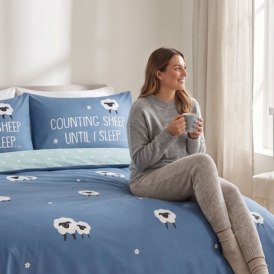 image 1 of Counting Sheep Cotton Duvet Cover Set Cover with Pillowcase | Blue | Single | 1