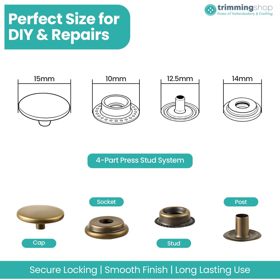 image 1 of 15mm Press Studs 4 Part No Sew Buttons, Durable & Lightweight - 100pcs
