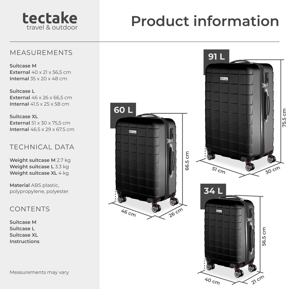 image 1 of Suitcase Set - 3 hard-shell suitcases with telescopic handle, removable wheels | Black | black | 1
