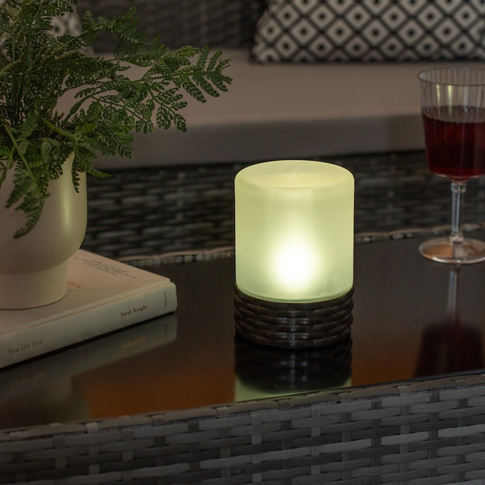 image 1 of ValueLights Solar Powered Outdoor Garden Rattan Table Lamp  with Frosted Glass Shade | Black