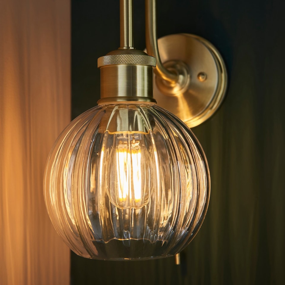 image 1 of Marsala Bathroom Glass Wall Lamp, Satin Brass Plate, Ribbed Glass, IP44