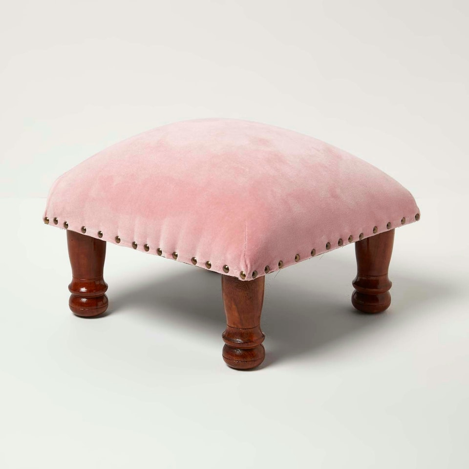 image 1 of Homescapes Mable Pink Velvet Square Footstool