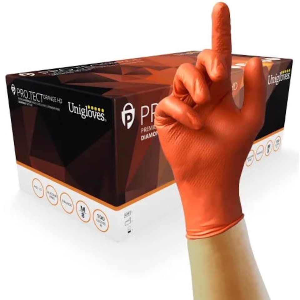image 1 of Unigloves PRO.TECT Orange HD Box of 100 Nitrile Gloves