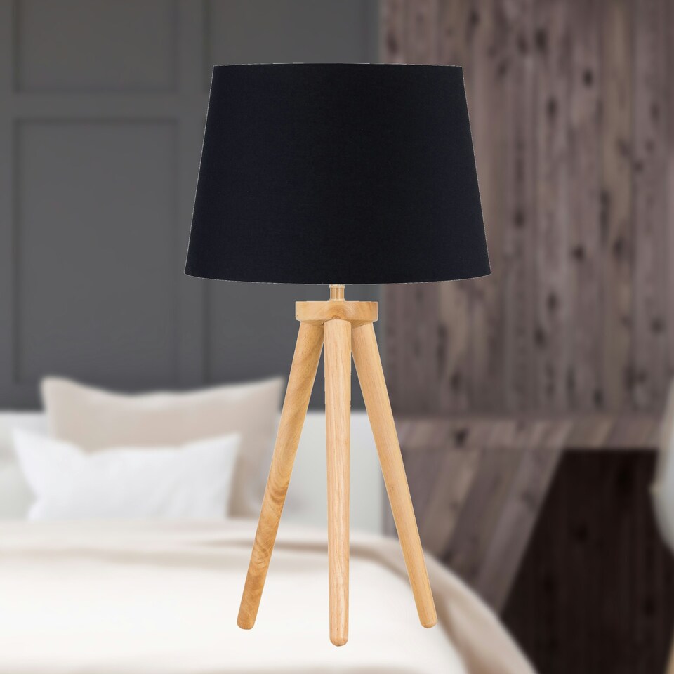 image 1 of Set of 2 Light Oak Table Lamp or Bedside Lights with Black Shades Brown | Black