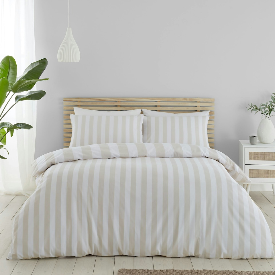 image 1 of Catherine Lansfield Cove Stripe Reversible Single Duvet Cover Set Natural