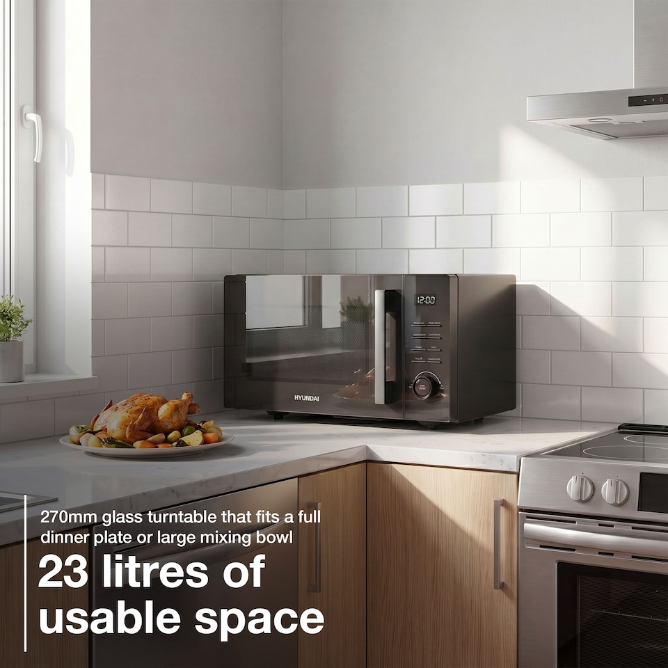 image 1 of Hyundai 900W 23L Black Digital Microwave, Mirror-Effect Glass Door, Stainless Steel Interior HYMW90023DB