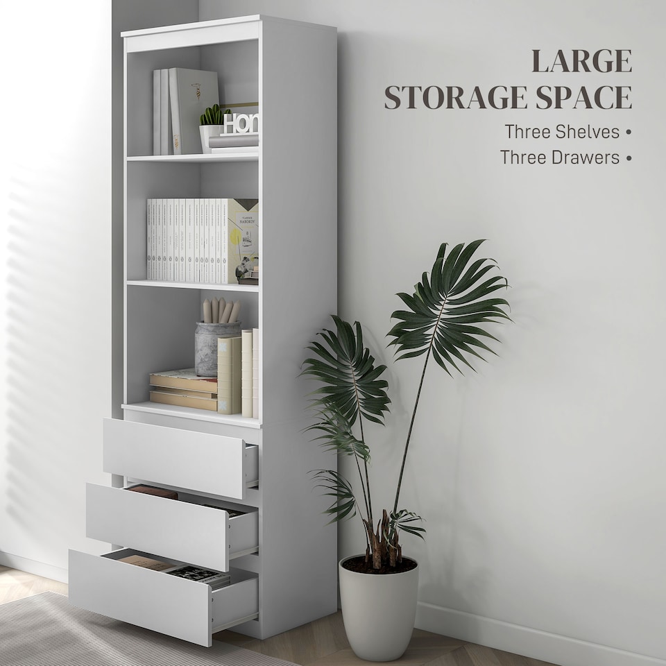 image 1 of HOMCOM 180cm Tall Bookcase with Storage, Free Standing Bookshelf with 3 Shelves and 3 Drawers, Display Cabinet for Living Room, Home Office, Bedroom, White