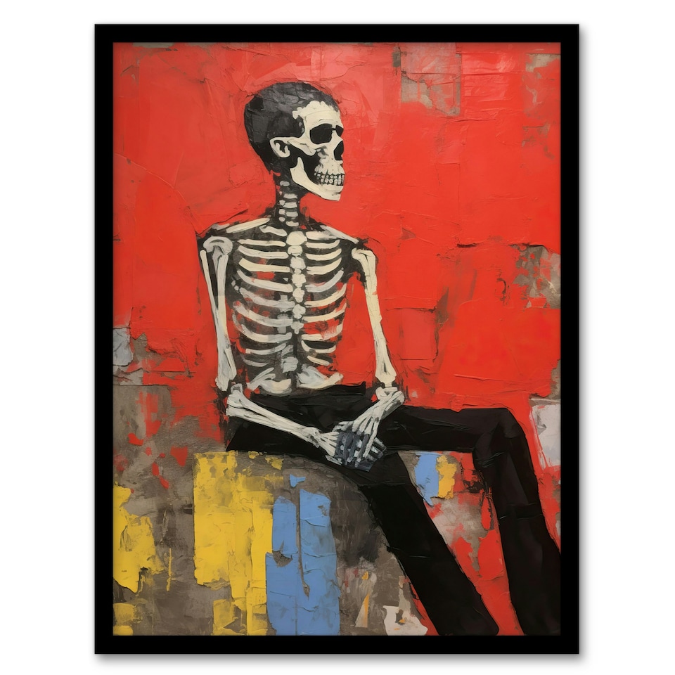 image 1 of Thinker Halloween Skeleton Bones Black Framed Wall Art Print A4