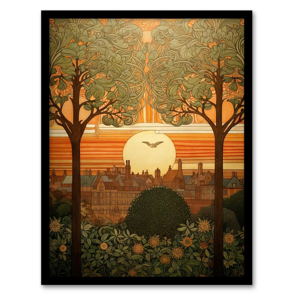 image 1 of Art Nouveau Autumn Village Sunset Home Decor Black Framed Wall Art Print A4