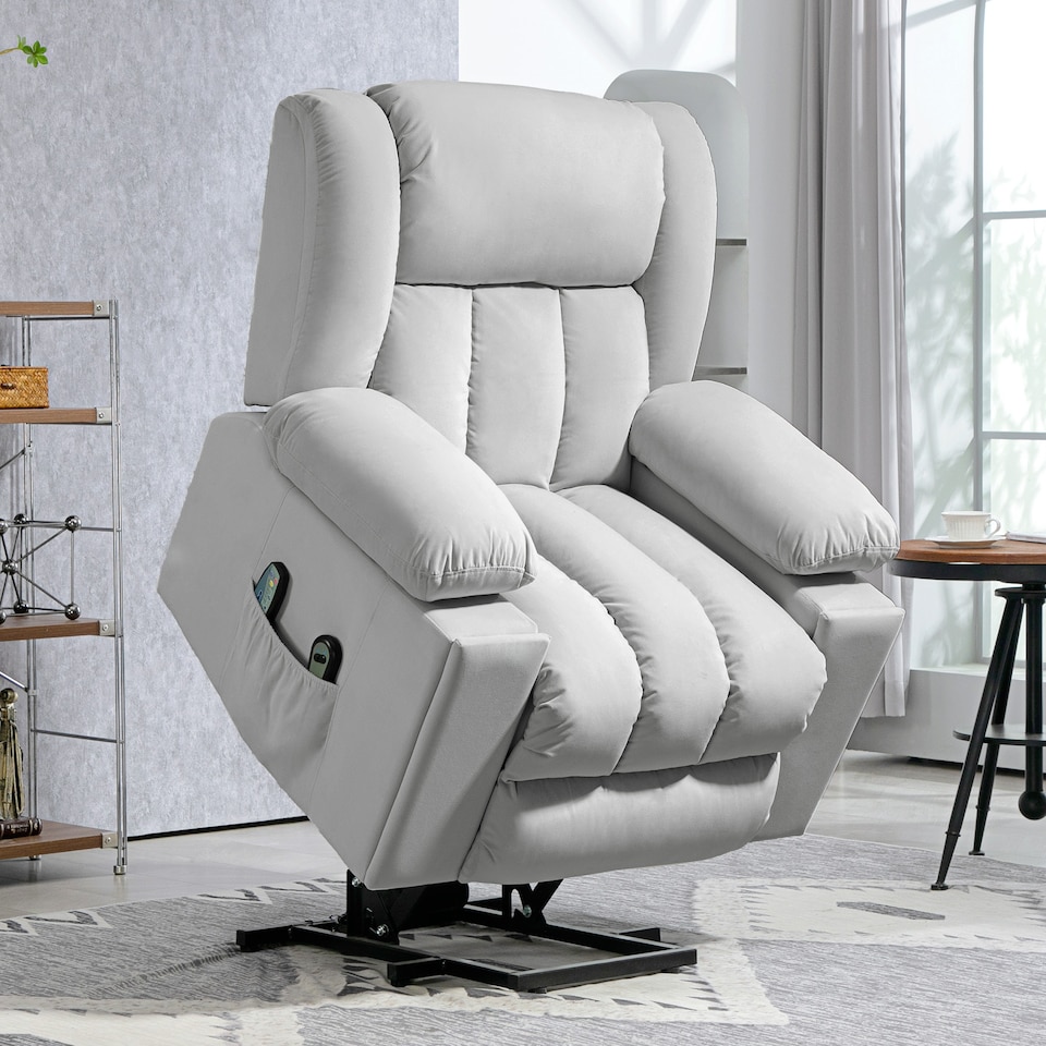 image 1 of HOMCOM Power Lift Recliner Chair with Vibration Massage and Heat, Electric Lift Chair for Elderly, Overstuffed Fabric Riser and Reclining Armchair with USB Ports, Cup Holders, Light Grey