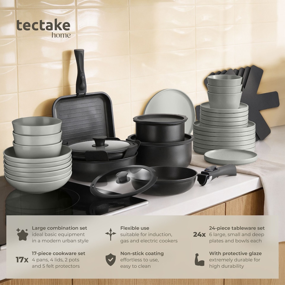 image 1 of Kitchen starter set for 6 people with crockery, pots and more | Grey | grey/black | 1