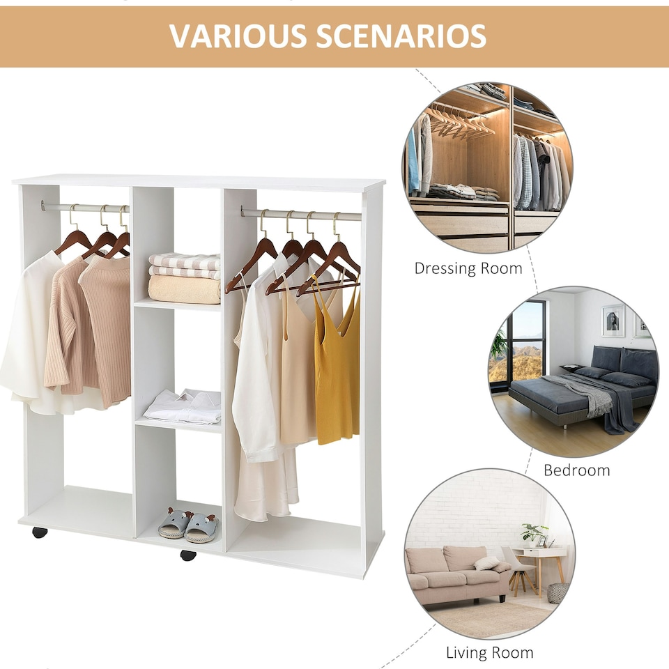image 1 of HOMCOM Mobile Double Open Wardrobe w/ Clothes Hanging Rail