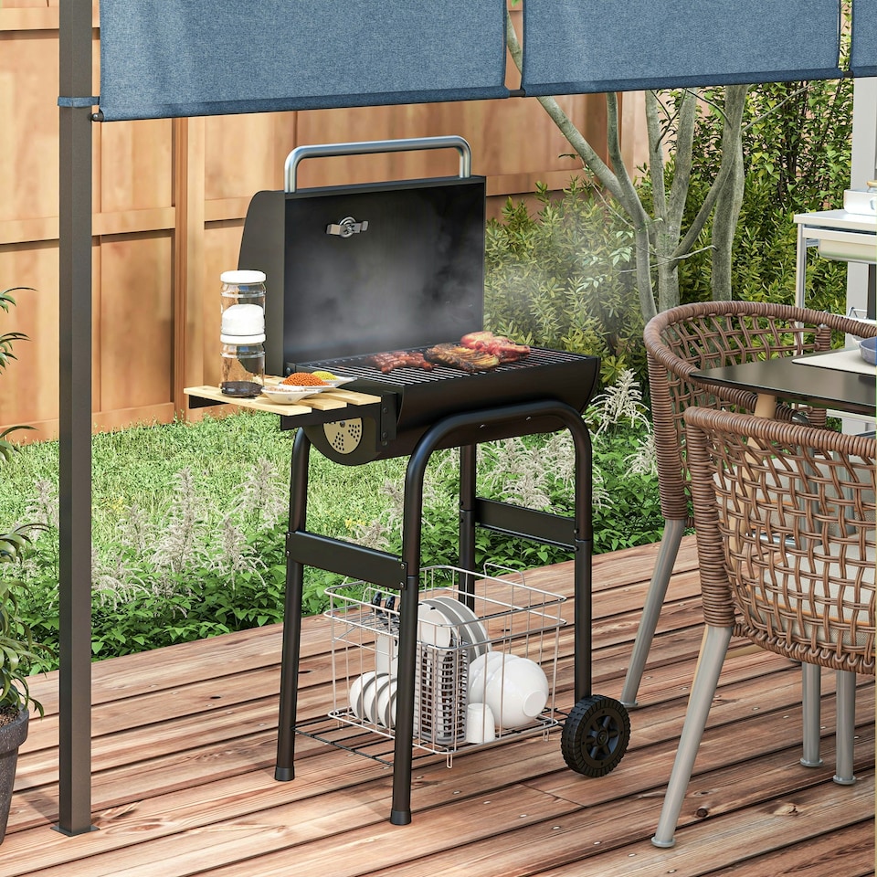 image 1 of Outsunny Charcoal Barbecue BBQ Grill Trolley W/ Shelves, Lid and Thermometer