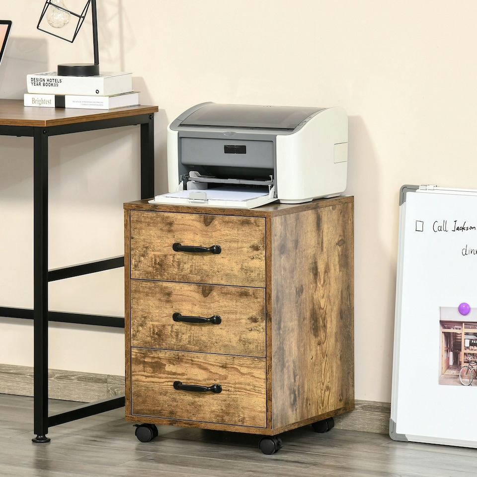 image 1 of HOMCOM File Cabinet with 3 Drawers, Under Desk Mobile Filing Cabinet Brown